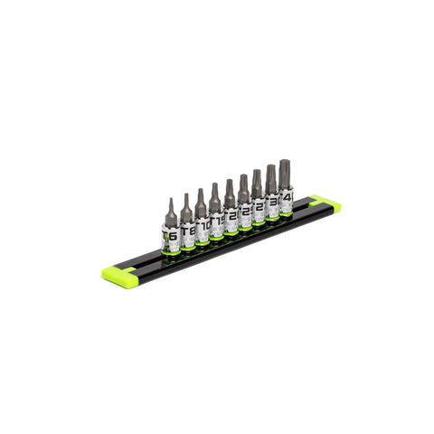Bi-Directional RPT Star Driver Set, 9 Piece, T6 through T40, one quarter inch drive, S2 steel, on aluminum socket rail