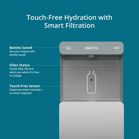 Front view of Wall Mounted Bottle Filling Station With Refrigerated Filtered Water Dispenser Touch Free Sensor 9.5 GPH Cooling Capacity Filter Monitor Dope For Schools Offices Gyms, showing touch-free sensor and filter status display.