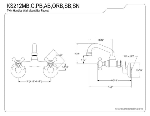Two-Handle Wall Mount Bar Faucet in Brushed Nickel, Solid Brass Build, 1/2-Inch NPT, technical design diagram with measurements