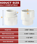 Five Pack One And A Half Inch PVC Pipe Fittings NPT Male Thread Adapters with dimensions and specifications displayed