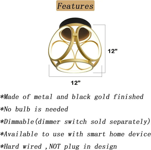 Dope Gold And Black Round LED Flush Mount Light With 2000 Lumen 3000K Warm White Finish Close To Ceiling Modern Mid Century Fixture For Kitchen Bedroom Hallway Living Room And Closet, showing features and dimensions