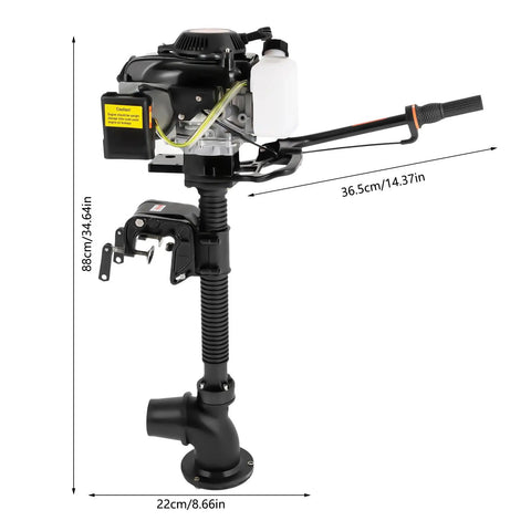 Beefy 4HP Gas Outboard Motor 55cc 4-Stroke With Air Cooling Heavy Duty Small Boat Engine side view showing dimensions