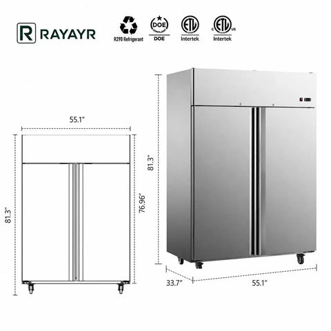 Pro Grade Commercial Reach In Freezer, Stainless Steel Upright Industrial Cooler For Restaurants And Bars, Auto Defrost Digital Controls, Heavy Duty Adjustable Shelving side view with dimensions.