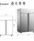 Straight Up Heavy Duty Commercial Upright Refrigerator With Solid Double Doors Adjustable Shelving dimensions and side view.