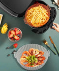 Two Pack 8 Inch Square Air Fryer Silicone Liners non stick reusable parchment alternative with fries and shrimp for easy cleanup