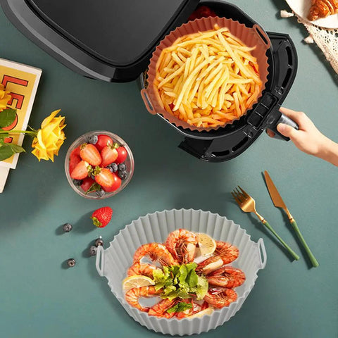 Two Pack 8 Inch Square Air Fryer Silicone Liners non stick reusable parchment alternative with fries and shrimp for easy cleanup