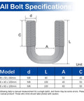 Diagram showing specifications for Beefy Four Pack Square U Bolts With Frame Plates And Nuts Inner Width 40mm M8 Thread 100mm Length