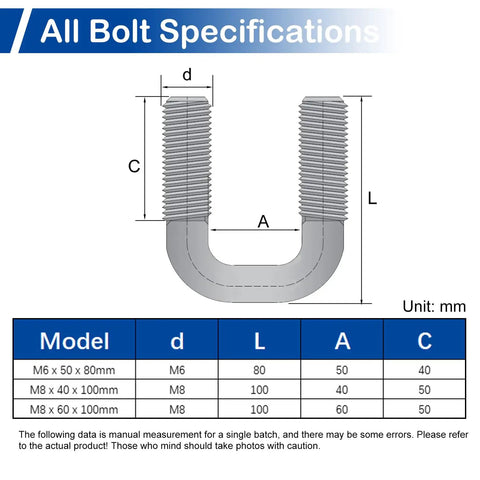 Diagram showing specifications for Beefy Four Pack Square U Bolts With Frame Plates And Nuts Inner Width 40mm M8 Thread 100mm Length