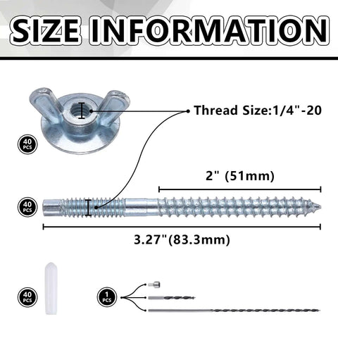 Size chart of All In One Hurricane Anchor Kit 40 Set Quarter Inch 20 Thread For Window Board Panel And Shutter Mounting