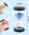 Colorful Sand Timer Set With Six Time Options 1 3 5 10 15 30 Minutes shown with hands holding blue, green, and orange timers.