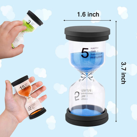 Colorful Sand Timer Set With Six Time Options 1 3 5 10 15 30 Minutes shown with hands holding blue, green, and orange timers.