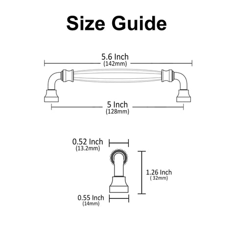 Size guide for Fluted Champagne Bronze Cabinet Pulls 5 Inch Hole Center 10 Pack Decorative Hardware Handles