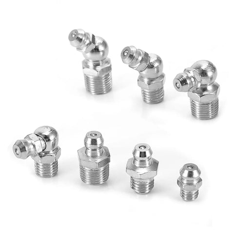 Assorted fittings from Heavy Duty Brass Zerk Grease Nipple Fittings Kit, 45 Piece Industrial Grade Lubrication Fittings Assortment