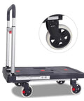 Straight Up Heavy Duty Metal Platform Cart With Four Cushioned Wheels Folding Utility Dolly with a close-up of the wheel.