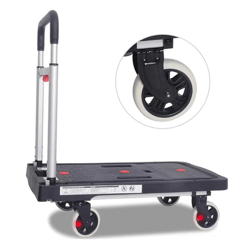 Straight Up Heavy Duty Metal Platform Cart With Four Cushioned Wheels Folding Utility Dolly with a close-up of the wheel.