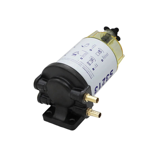Boat Ready Marine Fuel Water Separator Kit With 10 Micron Filter, includes brass fittings and aluminum housing, side view