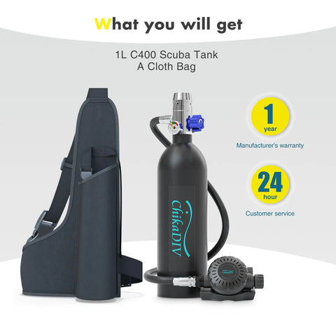 1L Mini Scuba Tank With C400, bag, and pump for emergency rescue, fishing, snorkeling, and ship repair; ideal for quick dives.