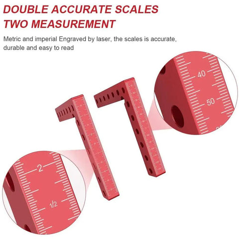 Heavy Duty Woodworking Precision Square L Shaped Jig For Fast Splicing And Panel Alignment Dead Nuts Straight Lines showing double scales in red.