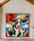 Cool Cow Portrait With Sunglasses Modern Hand Painted Textured Wall Art Framed Cow Head Floral Canvas Bold Black White Red Blue Colorway