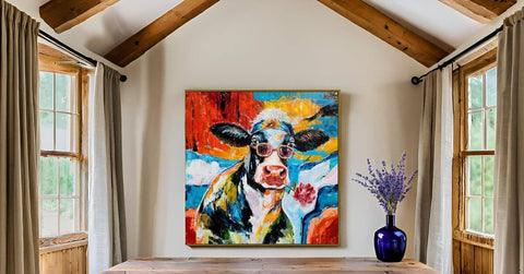Cool Cow Portrait With Sunglasses Modern Hand Painted Textured Wall Art Framed Cow Head Floral Canvas Bold Black White Red Blue Colorway