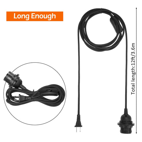 6 Pack Plug In Hanging Light Kit With 12 Foot Cord And On Off Switch For E26 E27 Pendant Lantern Lamps Black, cord displayed