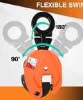 Heavy Duty Vertical Plate Lifting Clamp Built Like A Tank For Serious Sheet Metal Work Featuring A Badass Carbon Steel Jaw showing 90° and 180° flexible swing mechanism.