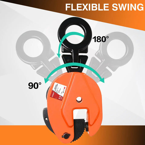 Heavy Duty Vertical Plate Lifting Clamp Built Like A Tank For Serious Sheet Metal Work Featuring A Badass Carbon Steel Jaw showing 90° and 180° flexible swing mechanism.