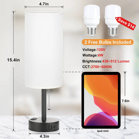 Bedroom Lamps Set of 2 With USB C and USB A Ports, 3 Color Modes 2700K to 5000K Nightstand Lamps with bulbs and dimensions