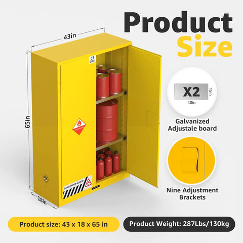 60 Gallon Safety Storage Cabinet With Spill Sump And Vent Ports For Flammable Chemicals Double Door Locking Cabinet Leak Collection Base Heavy Duty Chemical Storage For Lab Or Shop Built Tough For Pros, yellow 43x18x65 in