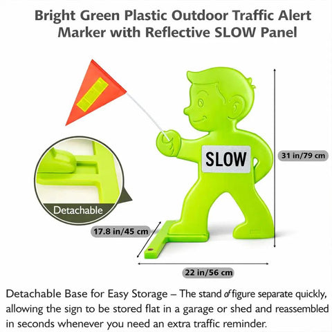 Kid Alert Street Safety Sign 31 Inch Green Caution Sign For Neighborhoods And Schools, Slow Down Kids At Play With Reflective Slow Sticker And Warning Flag, High Visibility Safety Sign