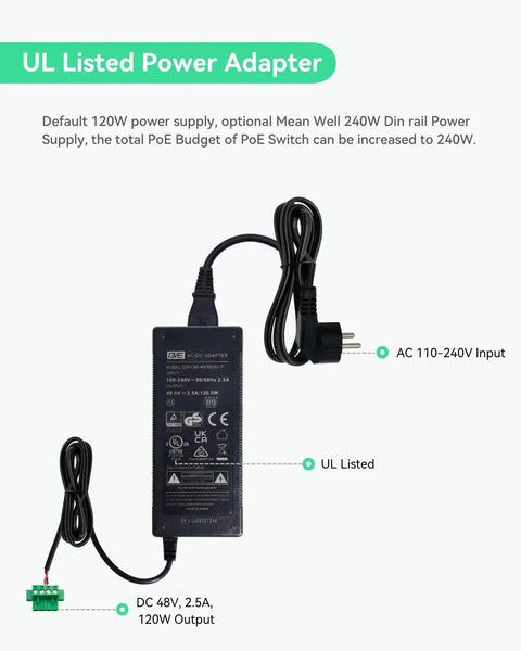 UL listed power adapter for 8-Port Full Gigabit PoE Switch Workhorse With 4 BT90W PoE Plus Ports and DIN rail mount