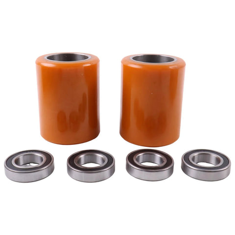 2X Load Wheel 51064639 Replacement For Jungheinrich EJE120 Pallet Jack with four bearings, orange, heavy-duty.