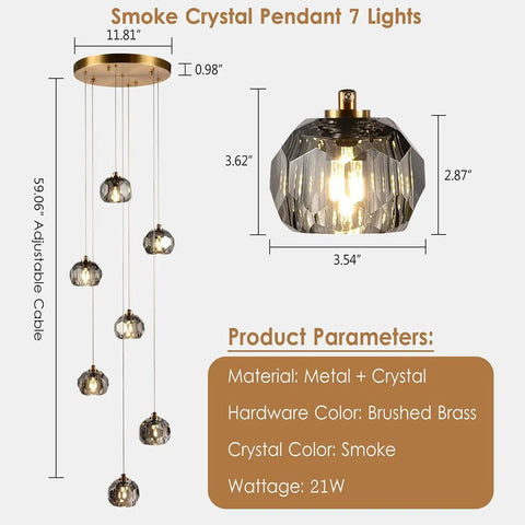 Smoke Crystal Pendant Light 1 Light Modern Prism Hanging Fixture With Mini LED 3W Adjustable Height Ceiling Lamp dimensions
