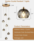 Diagram showing 7 Light Prism Crystal Pendant Light with Smoke Finish and specifications, 3 Light Prism Crystal Pendant Light With Smoke Finish, Triple Round Ceiling Pendant Fixture, 9W LED, Perfect For Dining Room And Kitchen Island, Modern Home Interior Lighting.