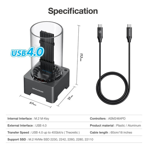 Straight Fire USB4 40Gbps M.2 NVMe SSD Enclosure Docking Station with dimensions and USB specification details on display.