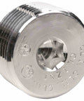 Close-up of a silver aluminum 3/4 in NPT threaded recessed conduit plug for explosion-proof junction boxes