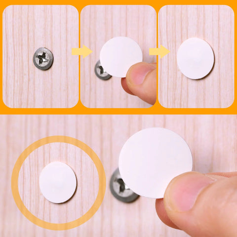 Plastic Self Tapping and Self Adhesive Screw Hole Covers for Wood Furniture being applied to a screw, showing placement on wood surface.