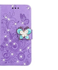 Purple phone case with butterfly design and rhinestone embellishments