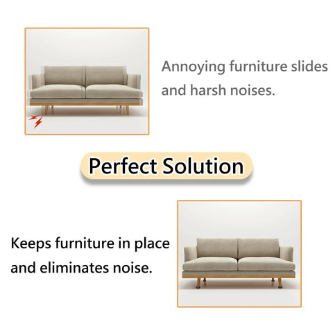 Comparison of sofa without and with Round Rubber Furniture Caster Cups With Anti Slip Grip That Really Grips, showing reduced noise and slips.