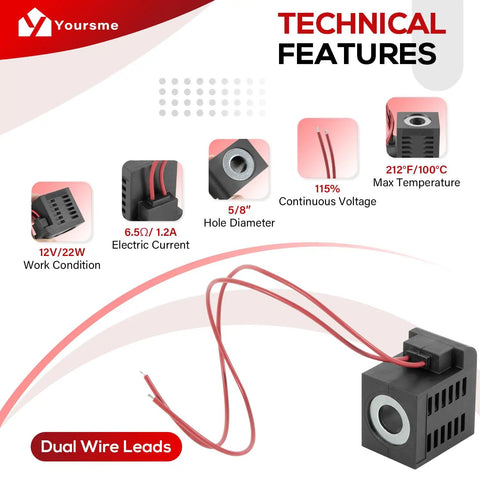 12V DC Solenoid Coil 22W With Dual Wire Leads For Hydraulic Power Units And Lift Dump Equipment, Fits Valve Stem Series 10 12 16 38 58
