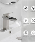 Waterfall Bathroom Faucet Chrome Finish Modern Single Hole Lavatory Sink Mixer Tap Brass Construction, water flow demonstration