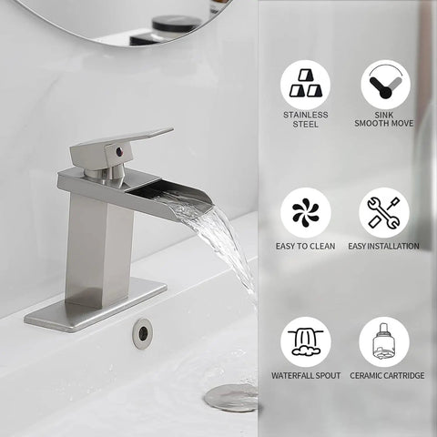 Waterfall Bathroom Faucet Chrome Finish Modern Single Hole Lavatory Sink Mixer Tap Brass Construction, water flow demonstration