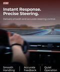Person driving car illustrating smooth handling with focus on steering wheel, emphasizing Honda Accord 2008 Through 2012 2 4L L4 Power Steering Pump With Pulley Replacement Kit Drop In Direct Fit Hydraulic Pump Assembly Reference 21 5495 56100R40A08 56100R40P05 benefits.
