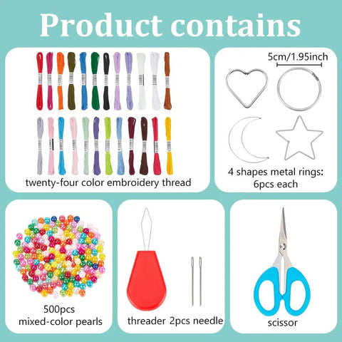 DIY Dream Catcher Kit For Beginners 24 Piece Colorful Mini Ornament Making Set with threads, rings, beads, needles, scissors displayed.