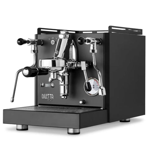 Rock Solid Dual Boiler Espresso Machine Bundle With Precision Grinder And Pid Temp Control To Craft Smooth Barista Drinks Without Any Stress. Black espresso machine with chrome accents and pressure gauge.
