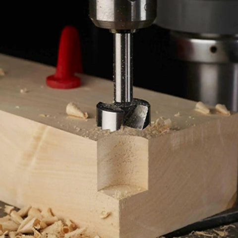 Heavy Duty Carbon Steel Forstner Drill Bit creates flat bottom holes in wood; ideal for precise carpentry work.