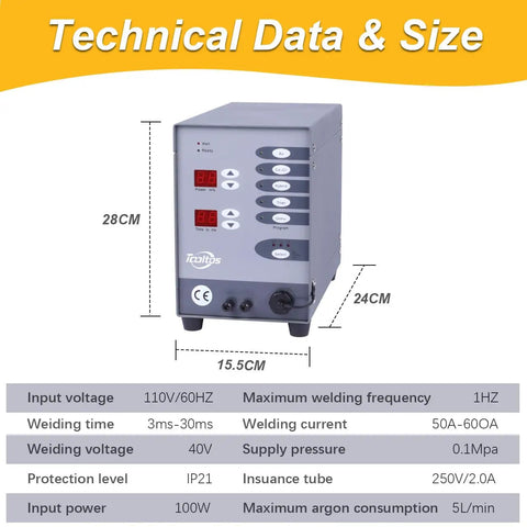 Pro Grade CNC Pulse Argon Arc TIG Jewelry Spot Welder With Five Shortcut Modes Gas Assisted dimensions and technical data