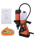Rock Solid Magnetic Base Drill And Tapper With 1100 Watt Motor, 10 To 35 Mm Range, detailed view with instruction manual and accessories.