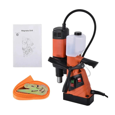 Rock Solid Magnetic Base Drill And Tapper With 1100 Watt Motor, 10 To 35 Mm Range, detailed view with instruction manual and accessories.