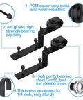 Bypass Barn Door Hardware Kit With Heavy Duty Roller Anti Jumper Floor Guide Stopper And Accessories Easy Install Quiet Operation J Shape Offset Style Track System For Doors Up To 200 Lbs, showing black rollers and hardware components.